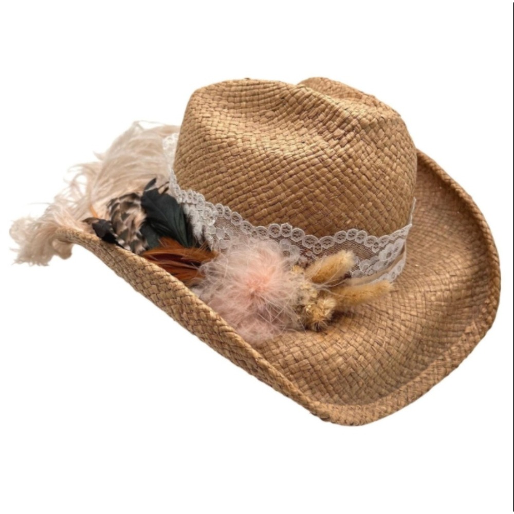 Vintage Y2K Women Shady Brady Straw Cowboy Hat Lace Feathers Western Boho Tan M